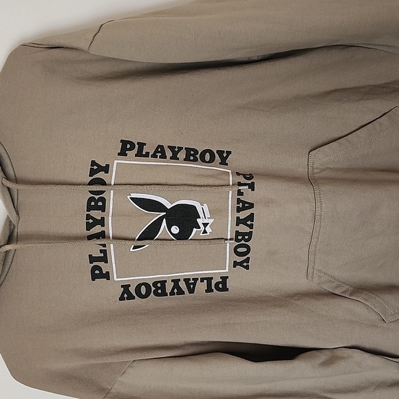 Playboy tan pullover hoodie, box logo, playboy bunny, large. - Picture 2 of 7